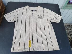Voodoo Ranger Shirt Mens Small Beige Pinstripe Baseball Jersey Button Up VR Logo